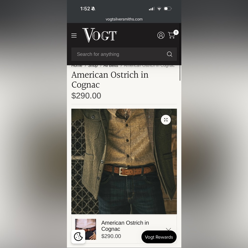 Vogt American Ostrich Belt in Cognac